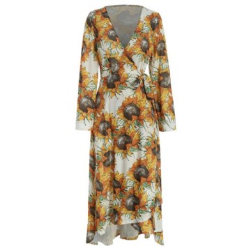 Sunflower Print Flare Sleeve Wrap Dress -