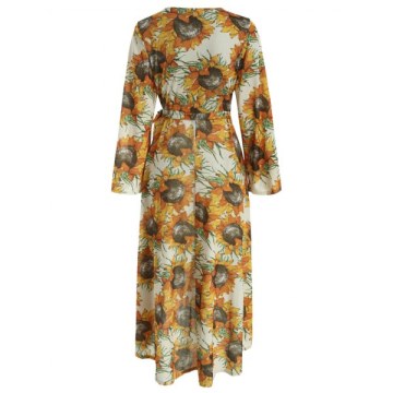 Sunflower Print Flare Sleeve Wrap Dress -