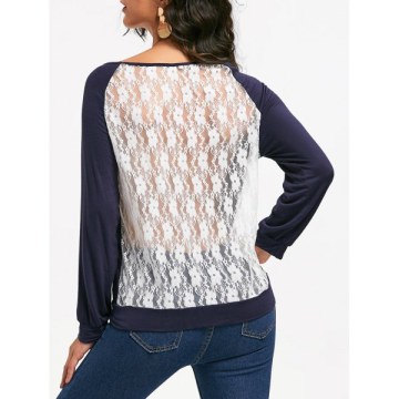 Sweet Hollow Out ace Spliced ong Sleeve Pullover Sweatshirt For Women - Purplish Blue