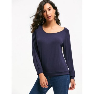 Sweet Hollow Out ace Spliced ong Sleeve Pullover Sweatshirt For Women - Purplish Blue