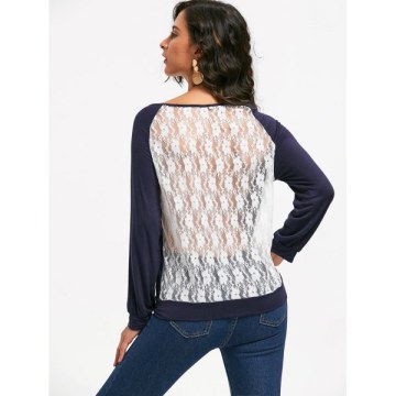 Sweet Hollow Out ace Spliced ong Sleeve Pullover Sweatshirt For Women - Purplish Blue