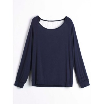 Sweet Hollow Out ace Spliced ong Sleeve Pullover Sweatshirt For Women - Purplish Blue