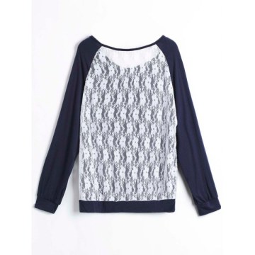 Sweet Hollow Out ace Spliced ong Sleeve Pullover Sweatshirt For Women - Purplish Blue