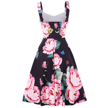 Sweetheart Neck Floral Print Fit and Flare Dress - Black