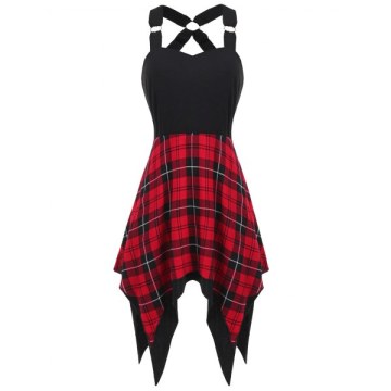 Tartan Print Insert Asymmetrical Dress - Red