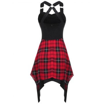 Tartan Print Insert Asymmetrical Dress - Red