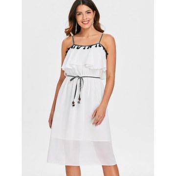 Tassel Brim High Waist Thin Strap Dress - Milk White