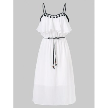 Tassel Brim High Waist Thin Strap Dress - Milk White