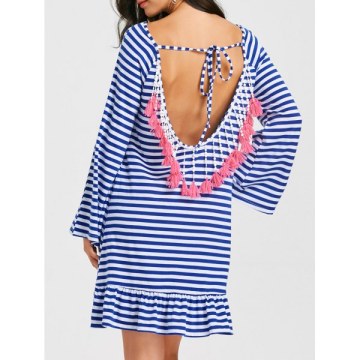 Tassel Low Back triped Drop Waist Dress - Blue And White