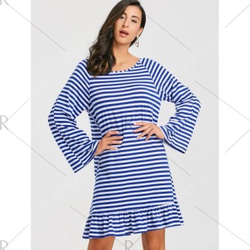 Tassel Low Back triped Drop Waist Dress - Blue And White