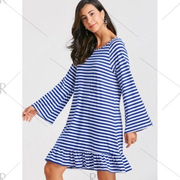 Tassel Low Back triped Drop Waist Dress - Blue And White