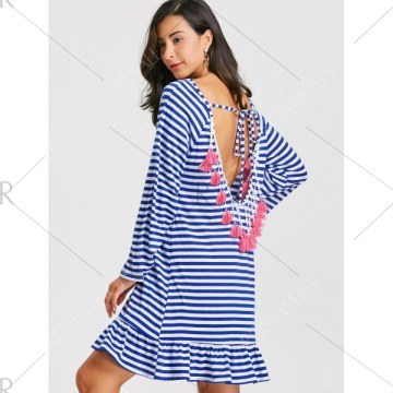 Tassel Low Back triped Drop Waist Dress - Blue And White
