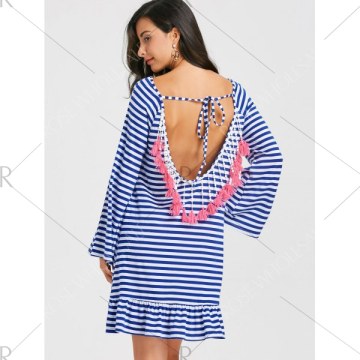 Tassel Low Back triped Drop Waist Dress - Blue And White