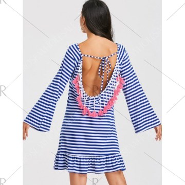 Tassel Low Back triped Drop Waist Dress - Blue And White