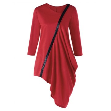 Three Quarter Sleeve Asymmetrical Tunic Top - Red