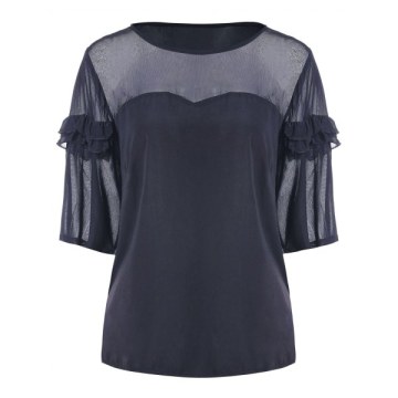 Three Quarter Sleeve Panel Blouse - Dark Slate Blue