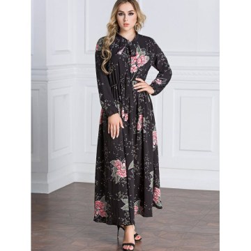 Tie Collar Floral Maxi Dress - Black