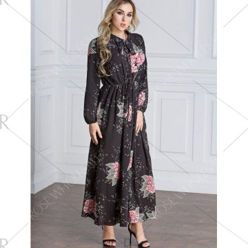 Tie Collar Floral Maxi Dress - Black