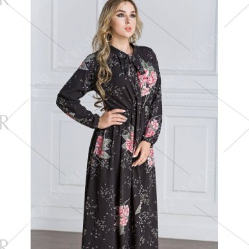 Tie Collar Floral Maxi Dress - Black