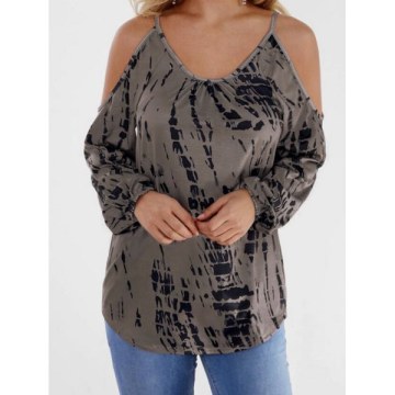 Tie Dye Long Sleeve Cold Shoulder Top - Coffee
