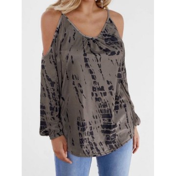 Tie Dye Long Sleeve Cold Shoulder Top - Coffee