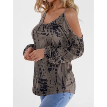 Tie Dye Long Sleeve Cold Shoulder Top - Coffee