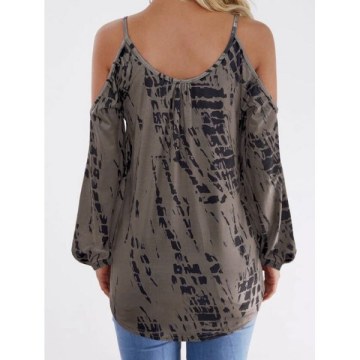 Tie Dye Long Sleeve Cold Shoulder Top - Coffee