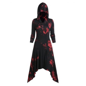 Tie Dye Print Quarter Button Hooded Asymmetric Gothic axi Dress - Black