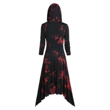 Tie Dye Print Quarter Button Hooded Asymmetric Gothic axi Dress - Black