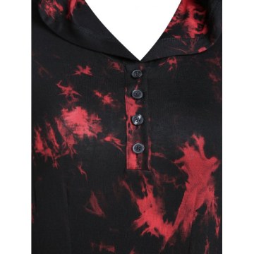 Tie Dye Print Quarter Button Hooded Asymmetric Gothic axi Dress - Black