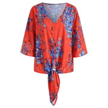 Tie Hem Printed V Neck Blouse - Red