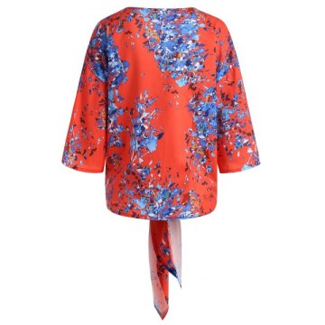 Tie Hem Printed V Neck Blouse - Red