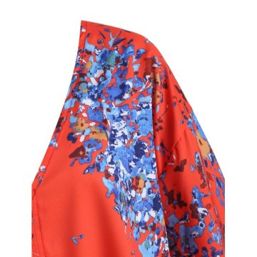 Tie Hem Printed V Neck Blouse - Red