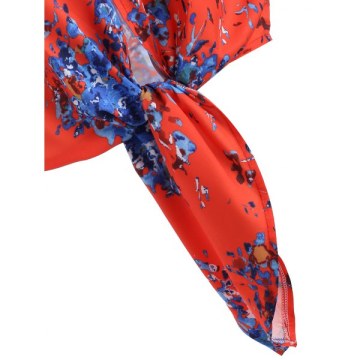 Tie Hem Printed V Neck Blouse - Red