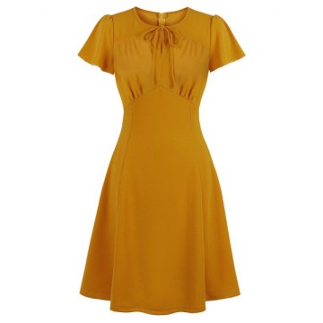 Tie Ruched Keyhole Dress - Yellow