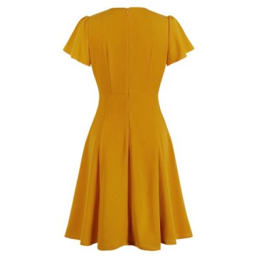 Tie Ruched Keyhole Dress - Yellow