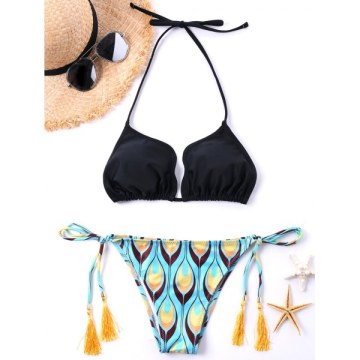 Tie ide Halter Neck Tassel Bikini et - Black