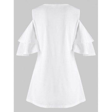 Tiered Sleeves Feather Print Longline Tee - White