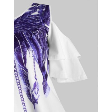 Tiered Sleeves Feather Print Longline Tee - White