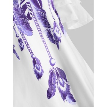 Tiered Sleeves Feather Print Longline Tee - White