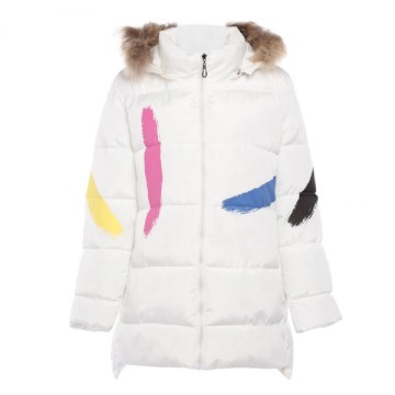 Trendy Fur Collar Long Sleeve Print Zipper Padded Women Coat - White