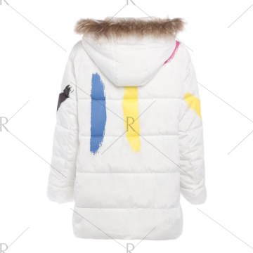 Trendy Fur Collar Long Sleeve Print Zipper Padded Women Coat - White