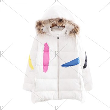 Trendy Fur Collar Long Sleeve Print Zipper Padded Women Coat - White