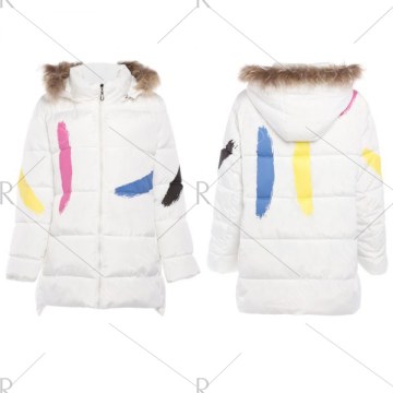 Trendy Fur Collar Long Sleeve Print Zipper Padded Women Coat - White