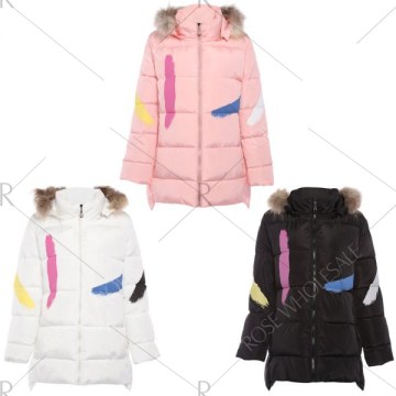 Trendy Fur Collar Long Sleeve Print Zipper Padded Women Coat - White