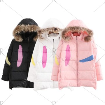 Trendy Fur Collar Long Sleeve Print Zipper Padded Women Coat - White