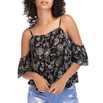 Tribal Print Cold Shoulder Blouse - Black