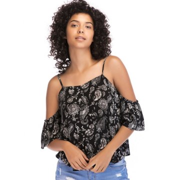 Tribal Print Cold Shoulder Blouse - Black