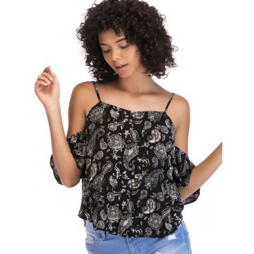 Tribal Print Cold Shoulder Blouse - Black