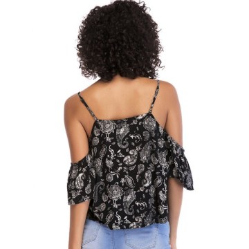 Tribal Print Cold Shoulder Blouse - Black